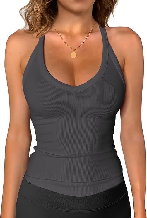 💗Danysu V Neck Racer Back Tank Top for Women Padded Ribbed Long Tank Fitted Basic Cami Tops Casual Chic Sleeveless Athletic Tank Top