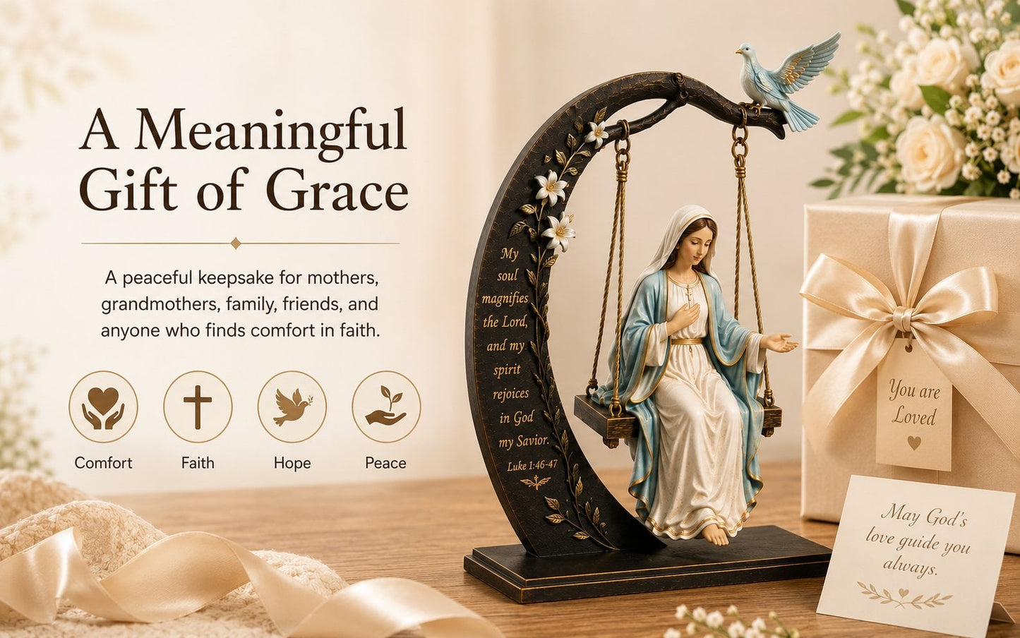 โ๏ธ Blessed Mary Cradle Swing Ornament โ Luke 1:46โ47 Faith Table Decor | Holy Virgin Prayer Sculpture with Dove & Crescent Arch Home Decoration