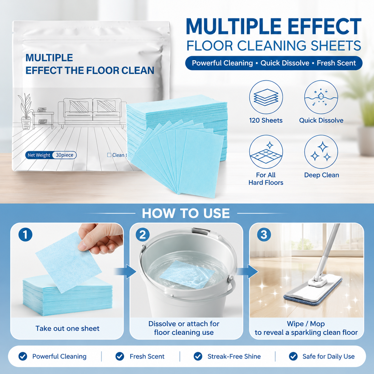 🧼Water-Soluble Floor Cleaning Sheets – 120 Count Multi-Surface Hard Floor Cleaner