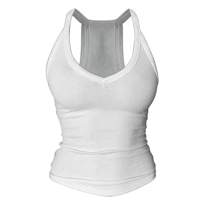 💗Danysu V Neck Racer Back Tank Top for Women Padded Ribbed Long Tank Fitted Basic Cami Tops Casual Chic Sleeveless Athletic Tank Top