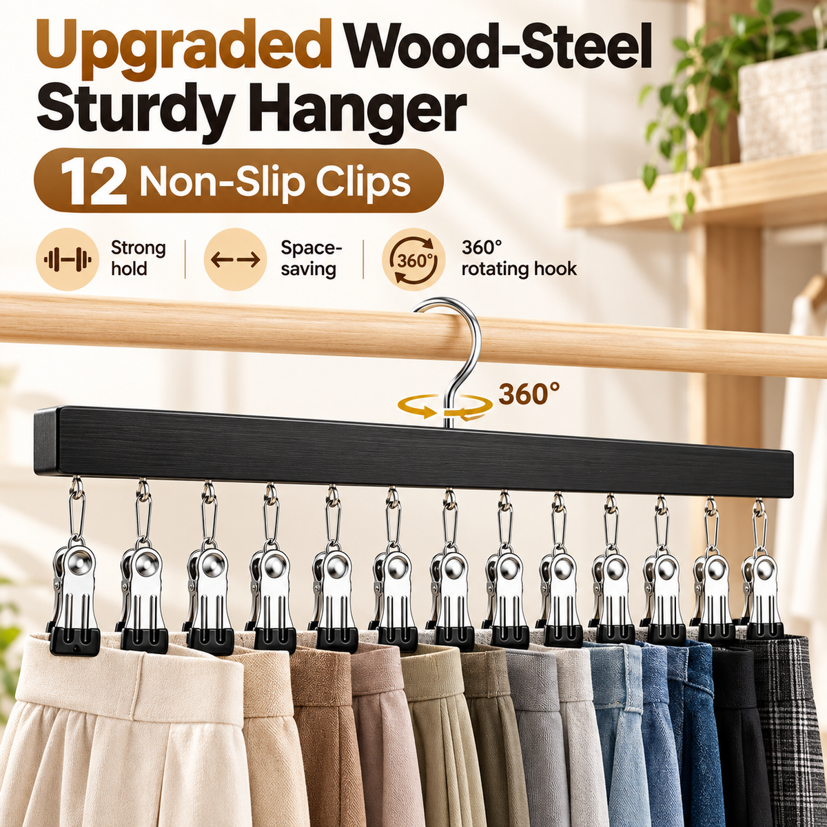 🏆Last Day 50% OFF🥇Upgraded Wood-Steel Sturdy Hanger with 12 Non-Slip Clips