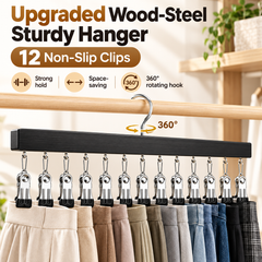 🏆Last Day 50% OFF🥇Upgraded Wood-Steel Sturdy Hanger with 12 Non-Slip Clips