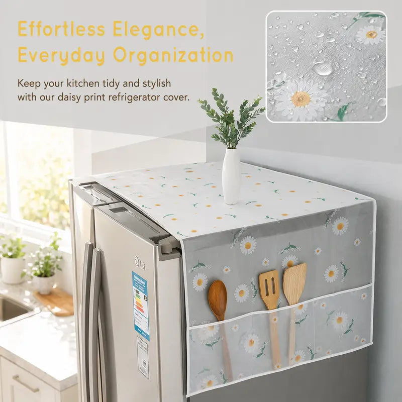 🥇Daisy-print refrigerator dust cover with storage pockets