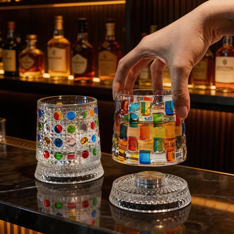 🔥Hot Sale 49% OFF - 🌈🥃Hand-Painted Embossed Rotating Whiskey Glass(✨Including a rotating base)