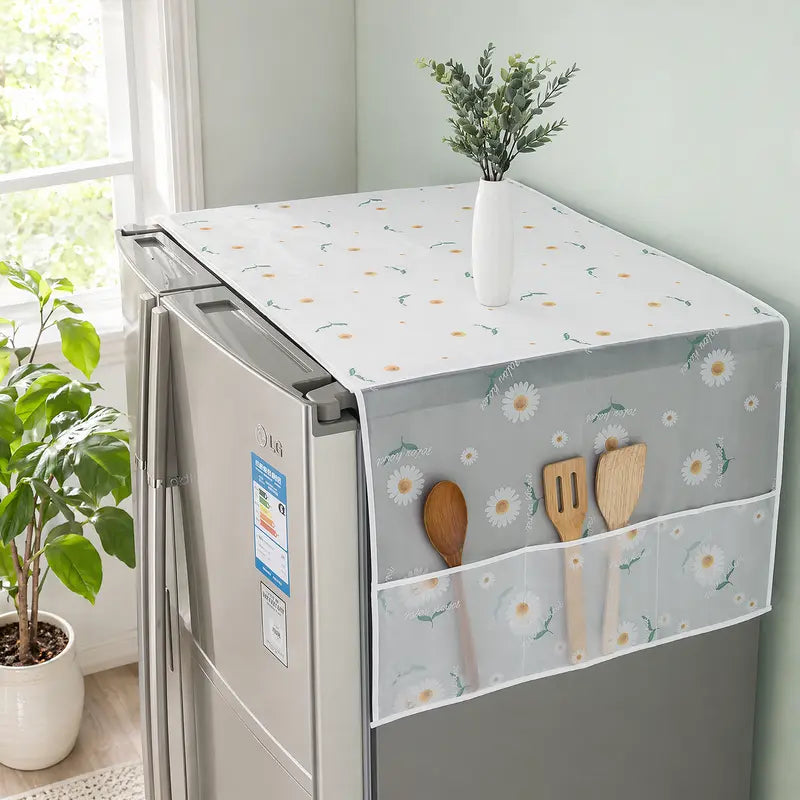 🥇Daisy-print refrigerator dust cover with storage pockets