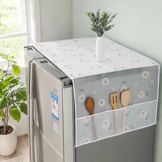 🥇Daisy-print refrigerator dust cover with storage pockets