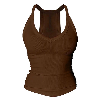 💗Danysu V Neck Racer Back Tank Top for Women Padded Ribbed Long Tank Fitted Basic Cami Tops Casual Chic Sleeveless Athletic Tank Top