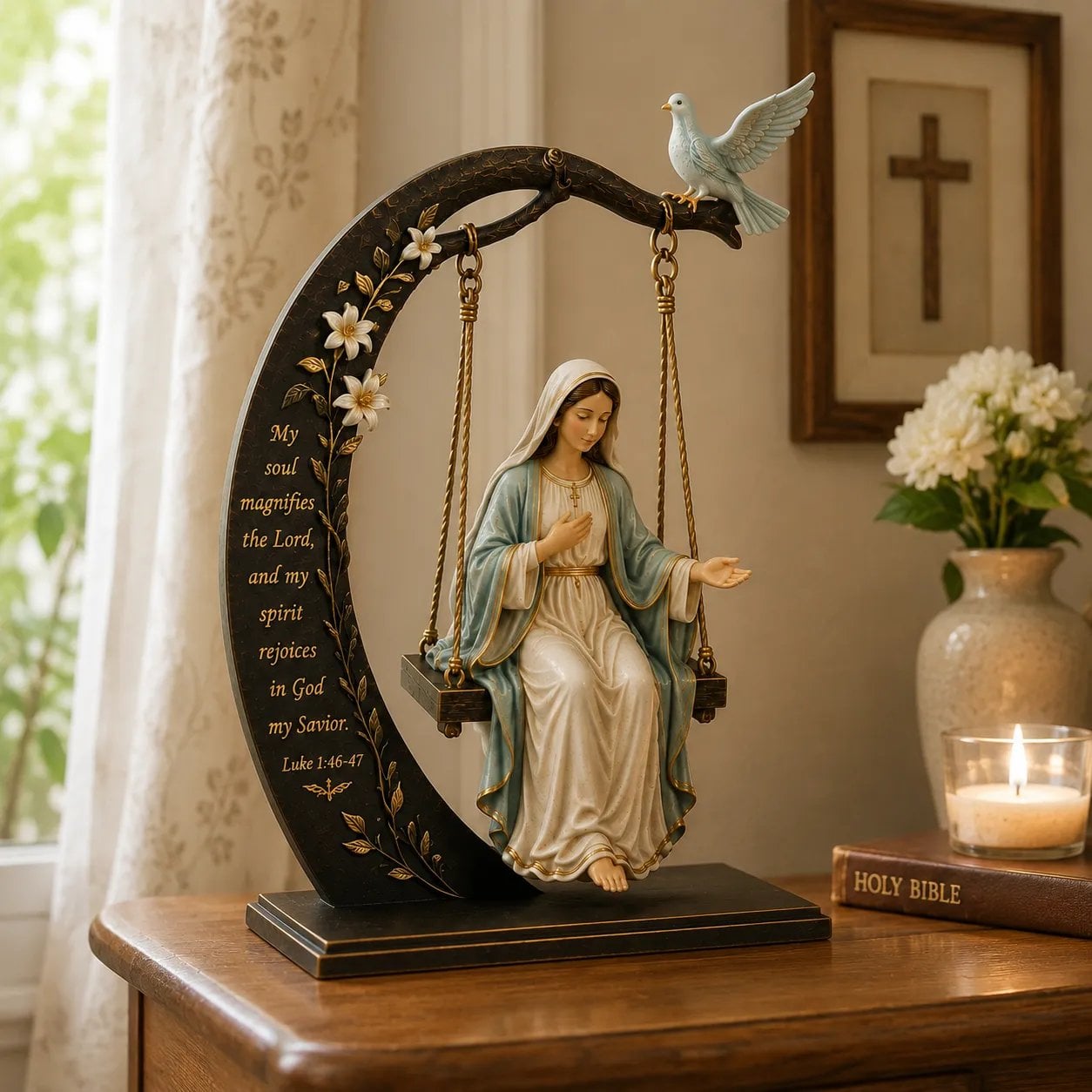 ✝️ Blessed Mary Cradle Swing Ornament – Luke 1:46–47 Faith Table Decor | Holy Virgin Prayer Sculpture with Dove & Crescent Arch Home Decoration