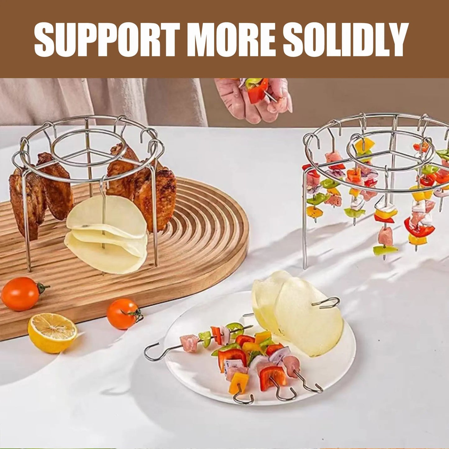 🔥 Last Day 49% OFF🍖2 Pack Stainless Steel Air Fryer Skewer Rack🥇360° No Flip Kabob Grill Stand