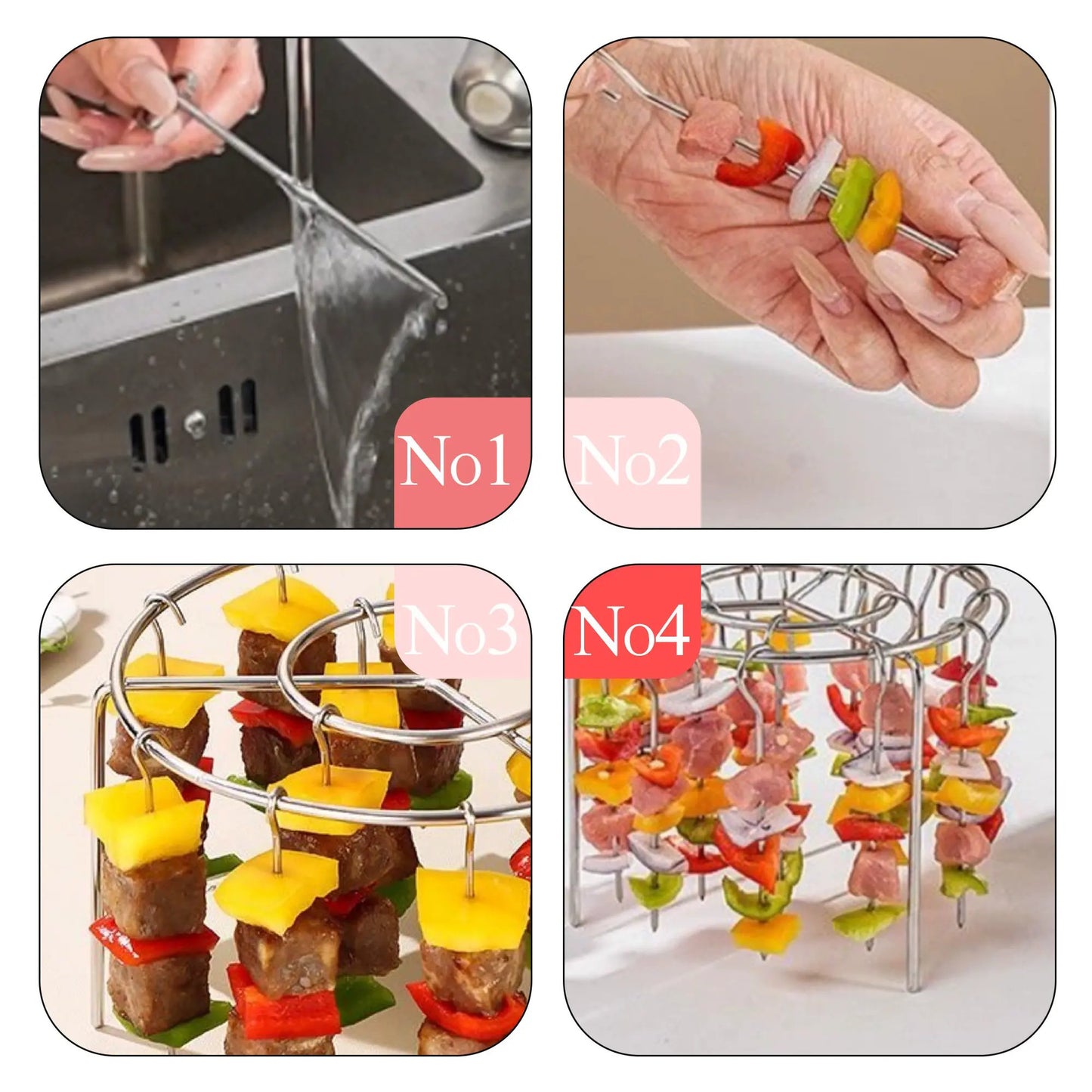 🔥 Last Day 49% OFF🍖2 Pack Stainless Steel Air Fryer Skewer Rack🥇360° No Flip Kabob Grill Stand