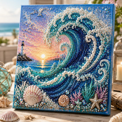 🌊Premium 3D Pearl Ocean Wall Art Kit | Luxury Ocean Theme Canvas with Scratch-Resistant Non-Fading Pearl Beads DIY Coastal Decor 🐚✨