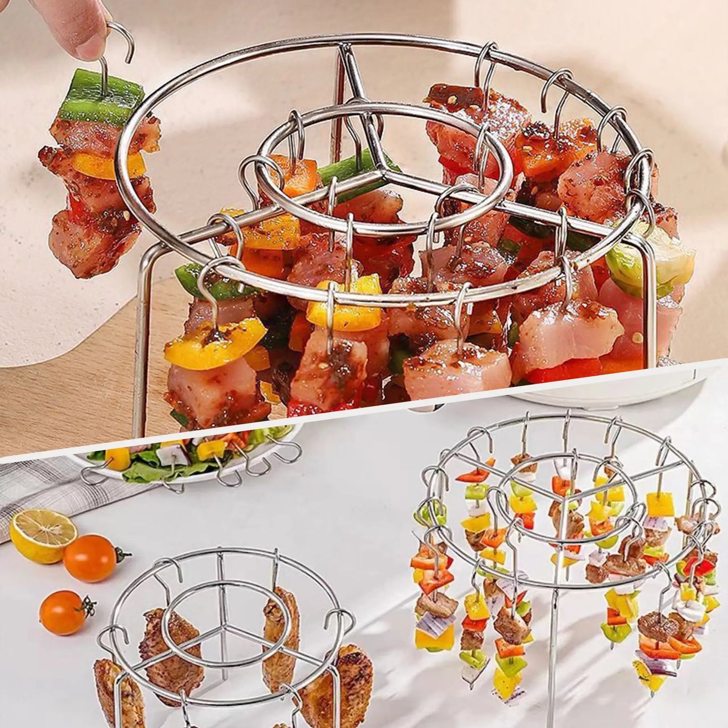 🔥 Last Day 49% OFF🍖2 Pack Stainless Steel Air Fryer Skewer Rack🥇360° No Flip Kabob Grill Stand