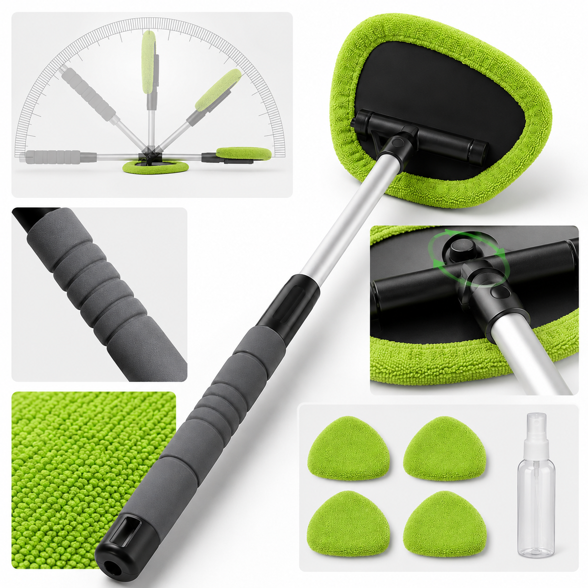 💥50% OFF🔥 Windshield Cleaning Tool, with 4 Reusable and Washable Microfiber Pads and Extendable Handle