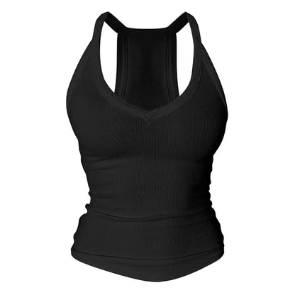 💗Danysu V Neck Racer Back Tank Top for Women Padded Ribbed Long Tank Fitted Basic Cami Tops Casual Chic Sleeveless Athletic Tank Top