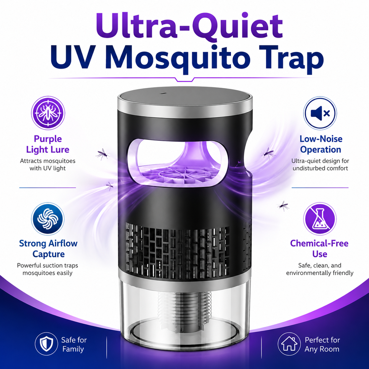 🏆Ultra-Quiet UV Mosquito Trap