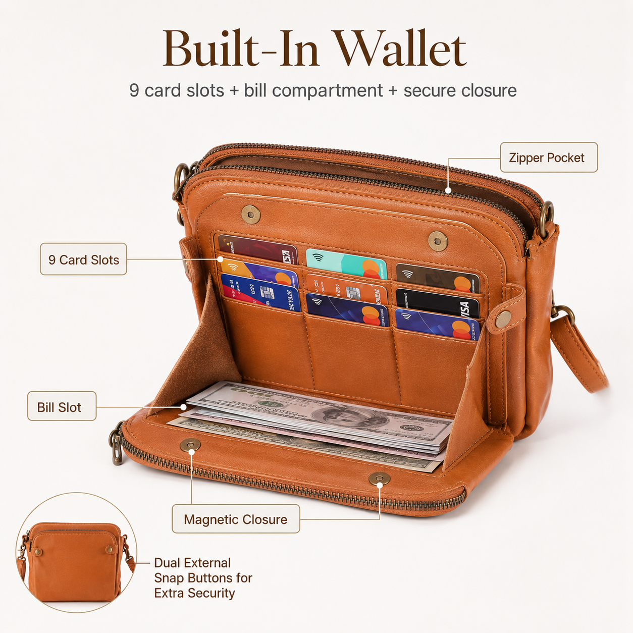 Women’s PU Leather Crossbody Bag with Built-In Wallet