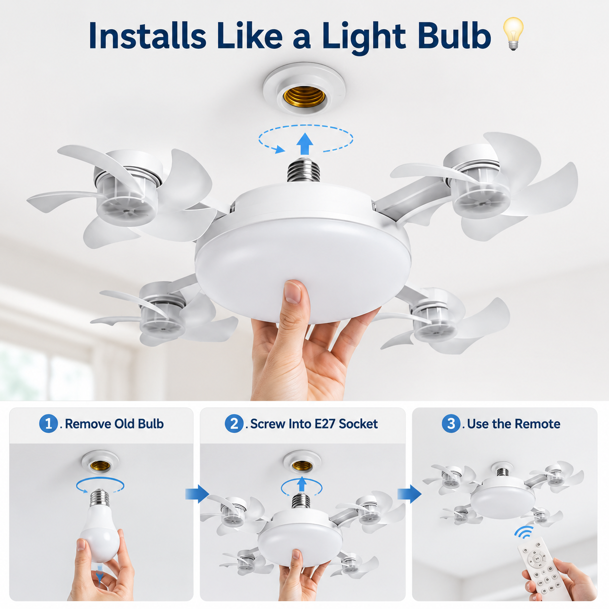 🔥E27 Screw-In Ceiling Fan Light – 19.69" LED Cooling Fan with Remote for Hot Rooms