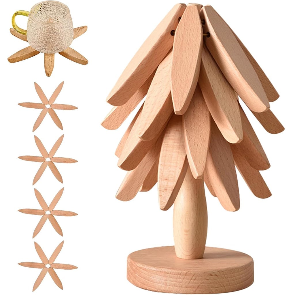 🔥Last Day 50% OFF🎄Christmas Tree Shaped Coaster Set – 4 Wooden Coasters & 1 Display Stand