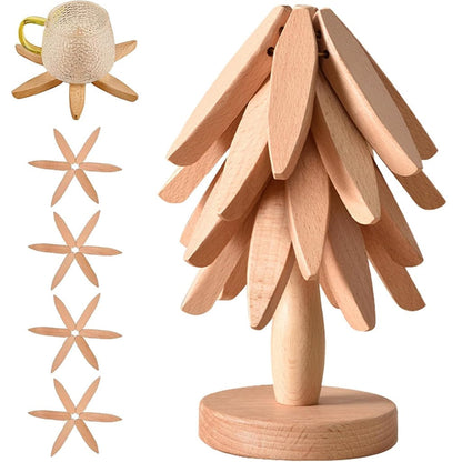 🔥Last Day 50% OFF🎄Christmas Tree Shaped Coaster Set – 4 Wooden Coasters & 1 Display Stand