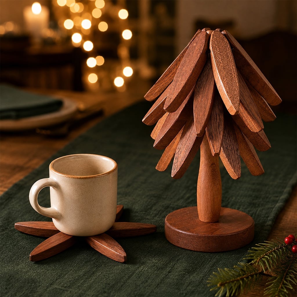 🔥Last Day 50% OFF🎄Christmas Tree Shaped Coaster Set – 4 Wooden Coasters & 1 Display Stand