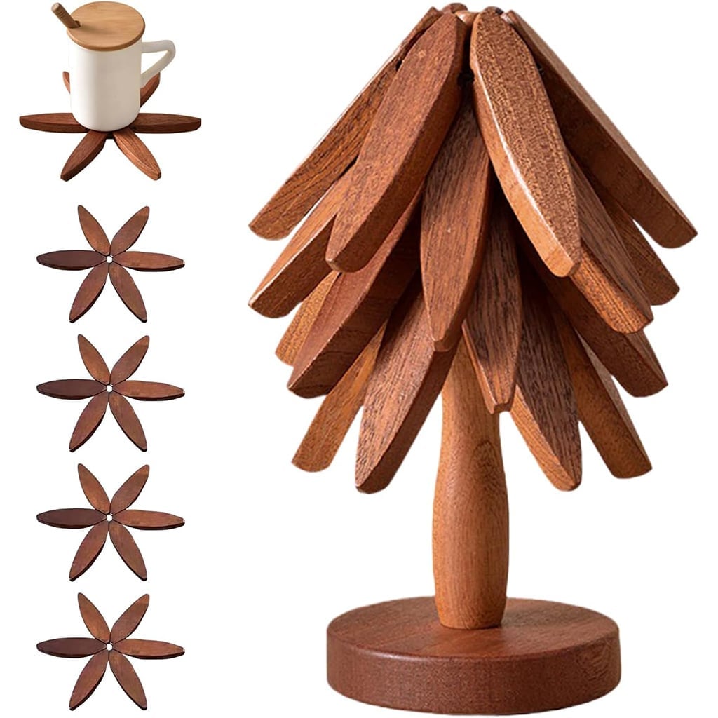 🔥Last Day 50% OFF🎄Christmas Tree Shaped Coaster Set – 4 Wooden Coasters & 1 Display Stand
