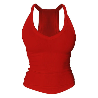 💗Danysu V Neck Racer Back Tank Top for Women Padded Ribbed Long Tank Fitted Basic Cami Tops Casual Chic Sleeveless Athletic Tank Top