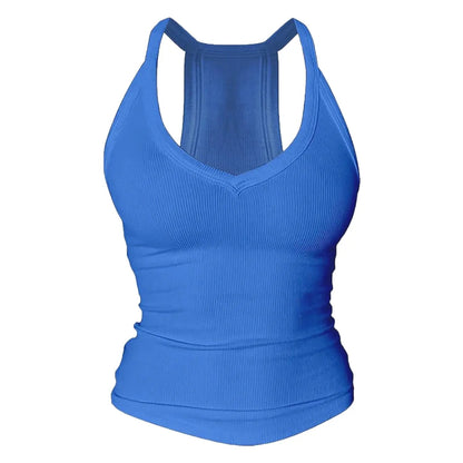 💗Danysu V Neck Racer Back Tank Top for Women Padded Ribbed Long Tank Fitted Basic Cami Tops Casual Chic Sleeveless Athletic Tank Top