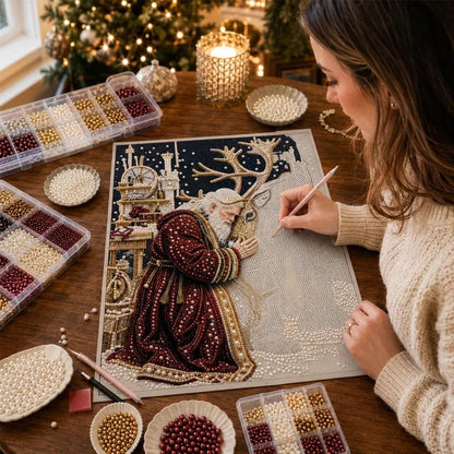 🎅🎄 Premium 3D Pearl Christmas Reindeer Diamond Painting Art Kit |  Luxury Flocked Canvas with Scratch-Resistant Non-Fading Pearl Beads DIY Holiday Decor⛄️❄️