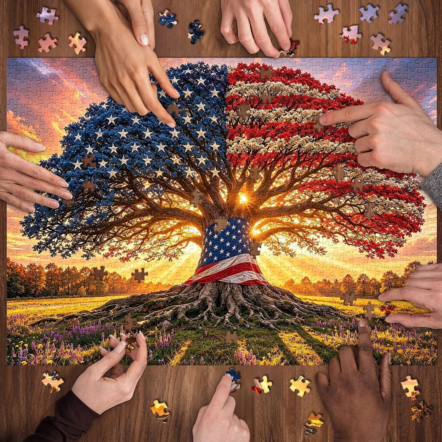 Liberty Root Oak Jigsaw Puzzle 1000 Piece – Patriotic Flag Tree Design
