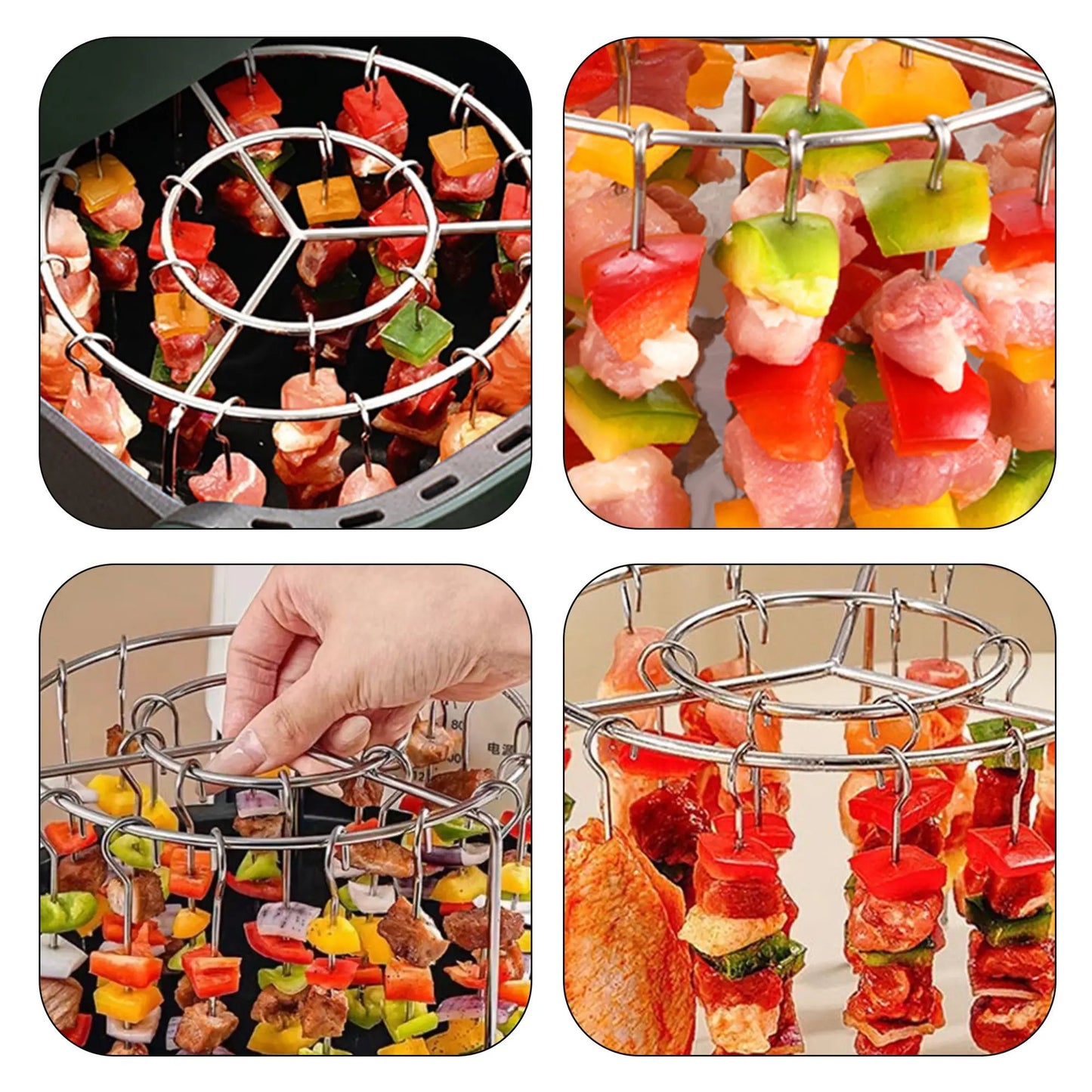 🔥 Last Day 49% OFF🍖2 Pack Stainless Steel Air Fryer Skewer Rack🥇360° No Flip Kabob Grill Stand