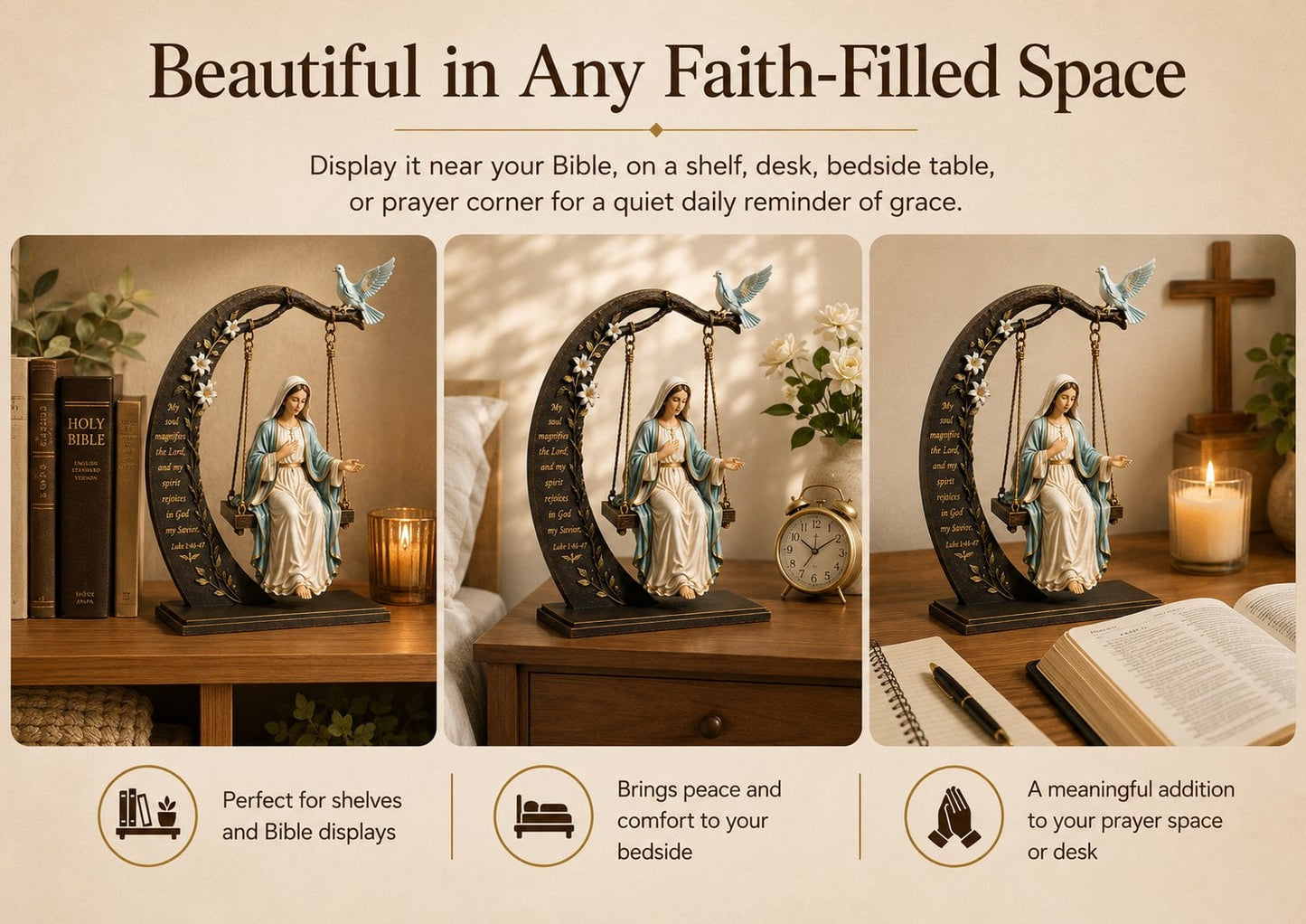 ✝️ Blessed Mary Cradle Swing Ornament – Luke 1:46–47 Faith Table Decor | Holy Virgin Prayer Sculpture with Dove & Crescent Arch Home Decoration