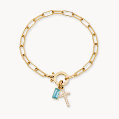 Paperclip Birthstone Cross Charm Bracelet